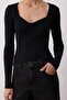 Black Plain Heart Neckline Bodycone/Fitted Crop Ribbed Stretchy Knitted Blouse Twoaw26Bz00069 - 3