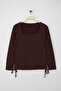 Brown Square Collar Side Gathered Knitted Plus Size Blouse Tbbaw25Af00041 - 5