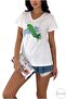 Women's White V-Neck Green Leaf Sequin Sequin Embroidered 100% Cotton T-Shirt - 5