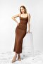 Adjustable strap diver fabric midi length brown basic dress - 3