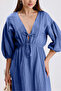 Balloon Sleeve V-Neck Muslin Dress - Blue - 2