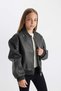 Girls' Water Repellent College Collar Zippered Double Pocket Seasonal Lightweight Faux Leather Bomber Coat Jacket - 6