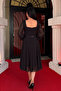Chiffon Crepe Fabric Square Collar Midi Dress - Black - 5