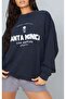 Santa Monica Los Angeles Sweatshirt - Navy Blue Printed Oversize Crew Neck