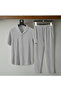 Alaçatı Style Men's Wrinkled Crinkle Fabric Summer Lycra Polo Collar Tshirt and Sweatpants Suit Combination - 2