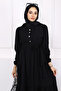 Black Waist Gathered Linen Dress - 3