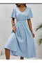 Polka Dot, Short-Sleeved Midi Women's Dress - V-Neck, Smocked Waist Detail - 4