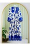 Elastic Patterned Dress with Half Button Sleeves -Cobalt Blue - 3