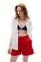 Women's Red Belted Linen Shorts - 3