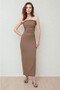 Women's Strapless Collar Long Dress with Drapelled Textured Flexible Fabric on the Sides - 3