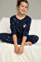 Navy Blue Star Pattern Cotton Crew Neck Knitted Pajamas Suit25241130 - 4