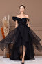 Organza Fabric Layered Evening Dress - Black - 3