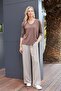 Women's Quality Modal Stretchy Fabric V-Neck Off-Shoulder Capri Three-Quarter Sleeve Lightweight Loose Blouse-Coffee - 2