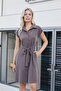 Women's Silky Modal Fabric Collar Off-Shoulder Knee-Length Belted Button Dress-Brown - 2