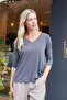 Women's Quality Modal Stretchy Fabric V-Neck Off-Shoulder Capri Three-Quarter Sleeve Lightweight Loose Blouse-Anthracite - 3