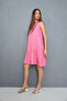 Women's Pink Flower Patterned Cycling Collar Skirt Ruffle Wrap Dress - 2