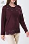 Women's Burgundy Leaf Patterned Skirt and Stone Embroidered Collar Lycra Viscose Mother Combed Cotton Blouse - 4