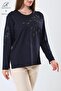 Women's Navy Blue Large Size Floral Patterned Stoned Slit Lycra Viscose Mother Combed Cotton Blouse - 4
