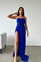 Cobalt Blue Heart Neckline Deep Slit Detailed Scuba Fabric Dress