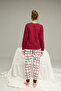 Burgundy Plaid Pattern Knitted Cotton Pajamas Suit25240275