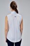 White Cotton Satin Lycra Zero Sleeve Stripe and Button Detail Slim Fit Women's Shirt - 8