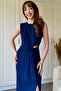 Navy Blue Draped Midi Dress with Accessory Detail and Slit - 7