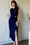 Navy Blue Draped Midi Dress with Accessory Detail and Slit - 3