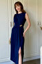 Navy Blue Draped Midi Dress with Accessory Detail and Slit - 4