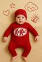 Kit Kat chocolate themed long-sleeved romper with hood, without booties, for baby girls and boys.