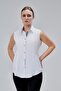 White Cotton Satin Lycra Zero Sleeve King Striped Fabric and Button Detailed Slim Fit Women's Shirt - 3