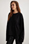 Basic Women's 100% Cotton Crew Neck Oversize Fit Long Sleeve Black T-Shirt - 5