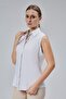 White Cotton Satin Lycra Zero Sleeve Brbry Fabric Detailed Slim Fit Women's Shirt - 3