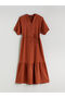 Orange Scoop Neck Textured Balloon Sleeve Muslin Dress - 5