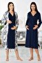 Women's Navy Blue Special Design Patterned Long Sleeve 100% Cotton Maternity Maternity Dressing Gown Nightgown Set - 3