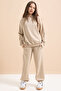 Beige Heart Patterned Hooded Girl's Tracksuit Set 21254