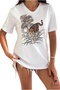 Women's White V-Neck Leopard Sequin Sequin Embroidered 100% Cotton Plus Size T-Shirt - 2