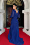 Chiffon Fabric Beaded Evening Dress with Shawl Detail - Cobalt Blue - 5