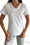 Women's White V-Neck Shoulder Angel Wing Feather Sequin Sequin Embroidered 100% Cotton T-Shirt - 2