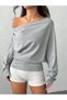 Women's Gray New Season Boat Neck Sweatshirt with Shoulder Pleat Detail - 5