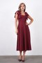 Women's Crepe Fabric Square Neck Bow Strap Detailed Midi Burgundy Flared Evening Dress 77127 - 4