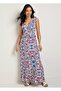 Women's Plus Size White, Blue Floral V-Neck Shoulder and Front Detailed Dress 65N39038
