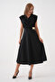 Stretchy Crepe Fabric Degaje Collar Accessory Detailed Midi Black Flared Evening Dress 77129 - 8