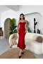 Red Midi Length Dress with Asymmetrical Curved Hem 583248 - 5