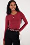 Women's Slim Fit Slim Fit Long Sleeve Crew Neck Back Detailed Burgundy Viscose Blouse