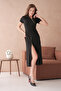 Black Stretchy Diver Fabric Zipper Design Short Sleeve Black Midi Dress 2175 - 4