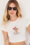 Women's Slim Fit 100% Cotton Crew Neck Printed White Crop T-Shirt Blouse - 5