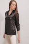 Women's Double Breasted Collar Satin Shirt Black 1066 - 5