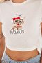 Women's Slim Fit 100% Cotton Crew Neck Printed White Crop T-Shirt Blouse - 3