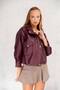 Women's Oversize Burgundy Leather Jacket with Side Drawstring Pocket Detail - 4
