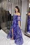 Women's Spaghetti Strap Low-Sleeve Lined Floral Organza Long Dress with Piped Detail at the Front - 3